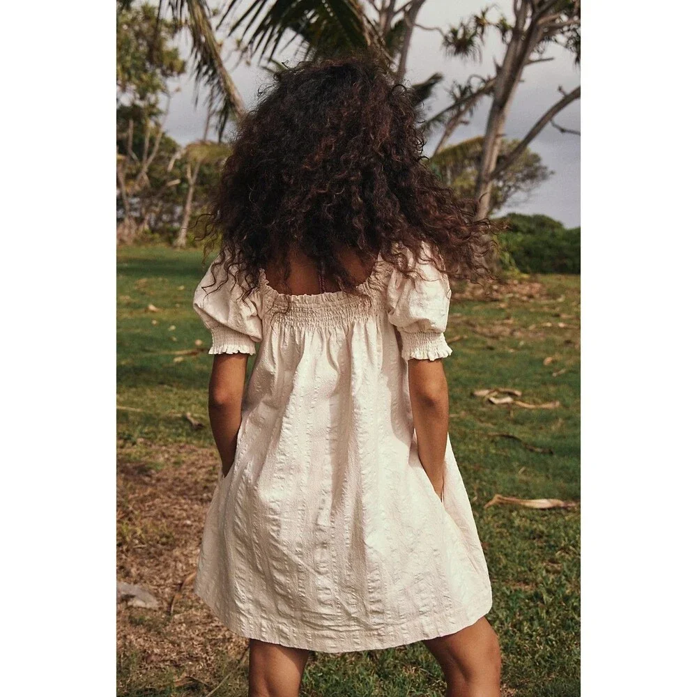 Free People Free Est Mila Mini Dress Smocked Puff Sleeves Striped XS 287944